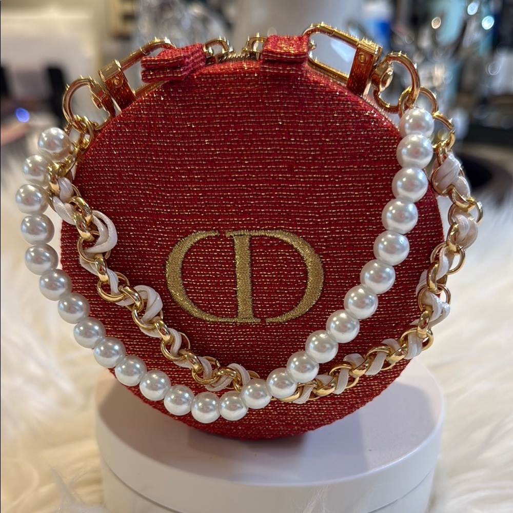 Dior Beauty Red and Gold Vanity Bag with Pearl Handle - Picture 4 of 6